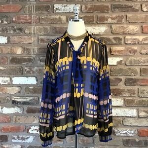 Yoana Baraschi Women's Tie Neck Long Sleeve Sheer Blouse Blue Black Yellow L NEW